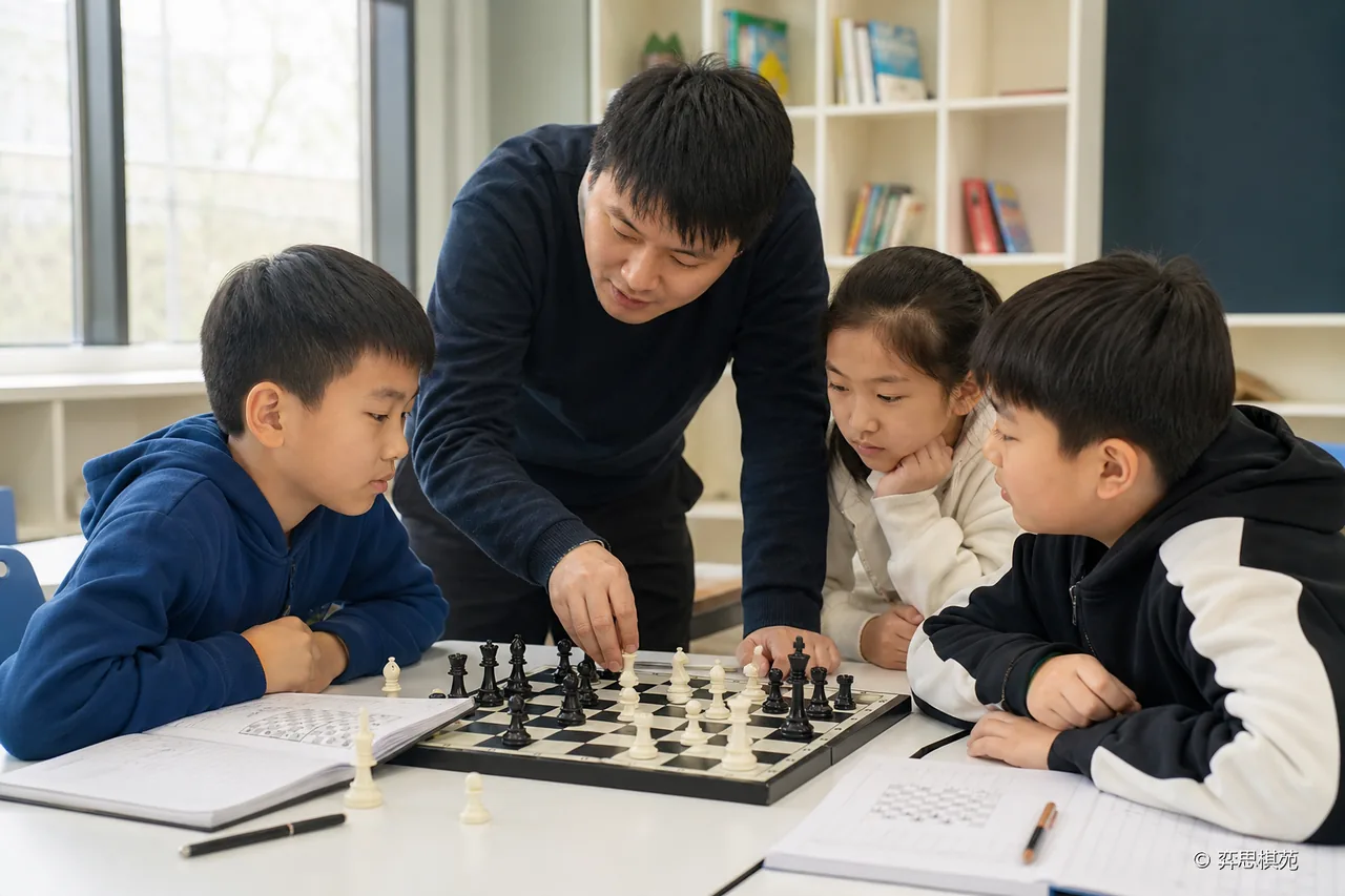 教师指导学员进行国际象棋课堂学习