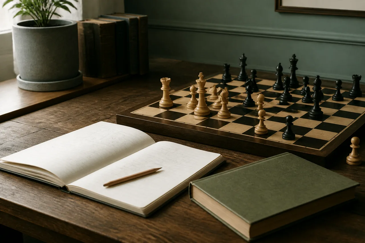 国际象棋棋盘、笔记本与学习书籍