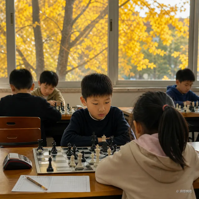 秋季联赛中的学员在银杏树影下对弈