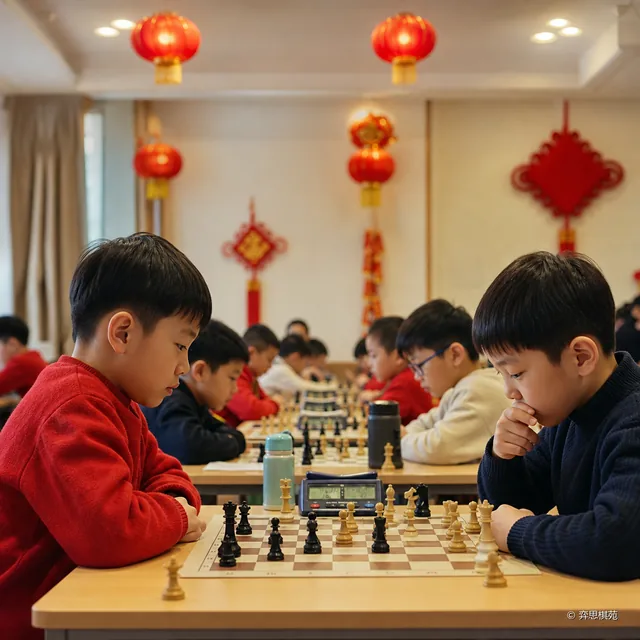 贺岁杯中学员在春节灯笼装饰下对弈
